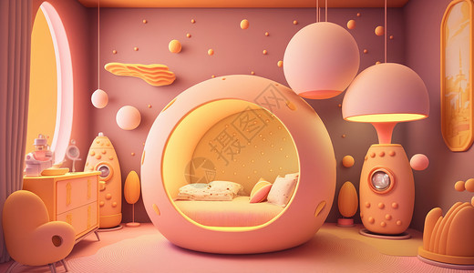 儿童卧室太空主题粉色与橙色高清图片