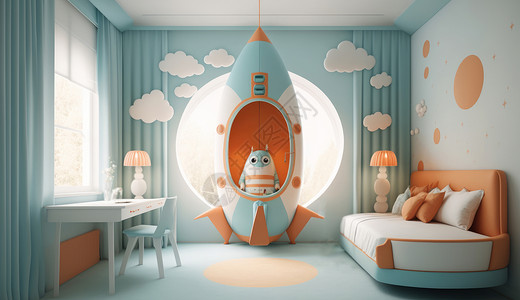 淡蓝色火箭主题儿童卧室背景图片