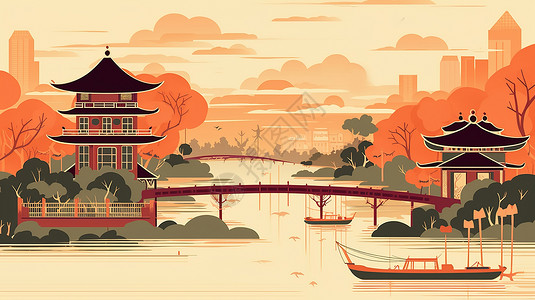 复古国潮中国古建筑插画图片