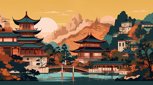 国潮复古中国古建筑城市场景背景图片
