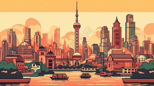 旅酒景点国潮复古中国城市打卡景点插画