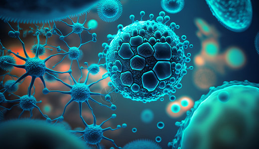 医疗科学实验发蓝色光的病毒与细菌的微观世界插画
