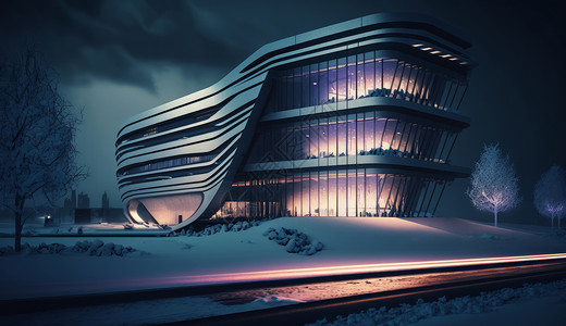玻璃楼一座在雪地里科技感的城市建筑插画