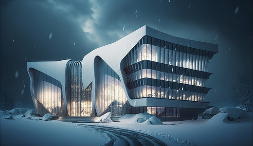 玻璃楼暴雪天气一座有科技感的现代建筑插画