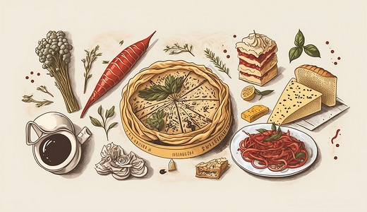 手绘法国菜美食插画