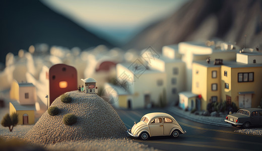 卡通可爱的羊毛毡城市小汽车与小山丘图片