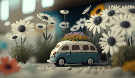 白雏菊花丛中的小汽车插画