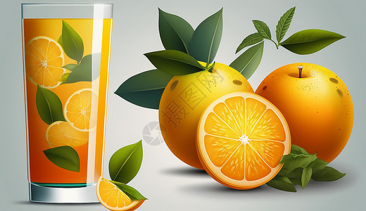 饮品鲜榨果汁新鲜的橙子和鲜榨橙子插画