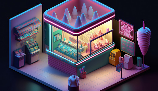霓虹灯可爱的冰激凌店等距风2.5D高清图片素材