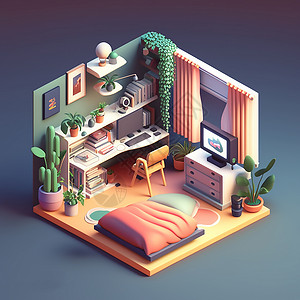 床和卡通玩具3D立体盒子小屋插画