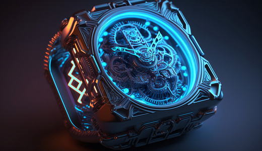 金属质感蓝色霓虹光的机械手表背景图片