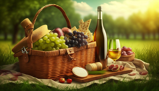 酒篮篮子里的水果和葡萄酒插画