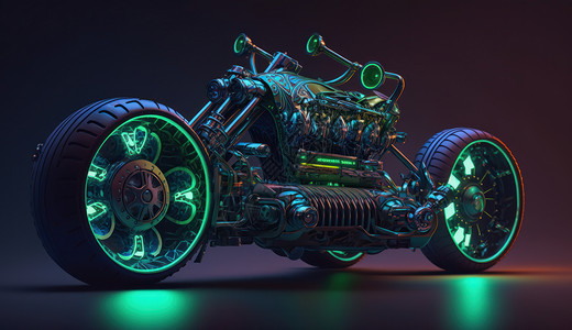 科技金绿色霓虹光金机械感摩托车插画