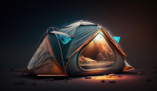 沙漠暮光在野外星空下的露营帐篷插画