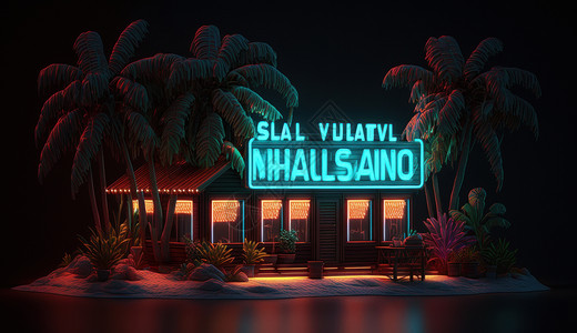 夜晚霓虹灯下的的度假小岛活动高清图片素材