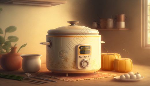 厨房产品温馨的米色厨房小家电电饭锅插画