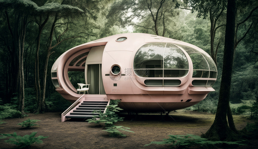 在森林中的一座粉色科幻建筑图片