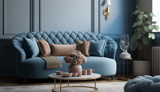 大促装饰蓝色调客厅的沙发与茶几插画