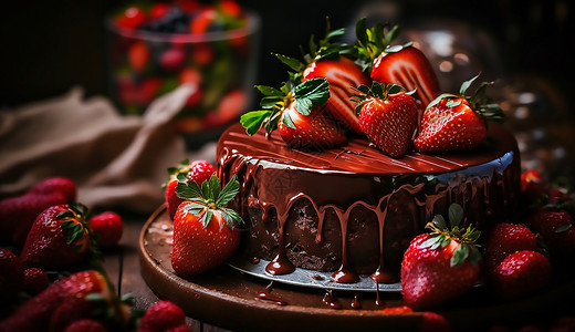 一个圆形的铺满草莓的巧克力蛋糕高清图片