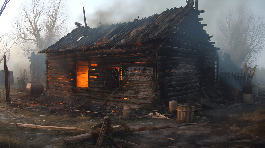 农场着火的木屋图片
