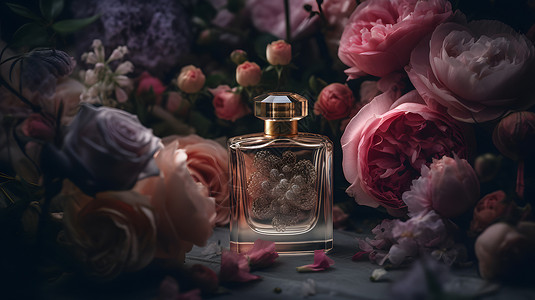 女士淡香水花丛中的魅力香水瓶设计图片