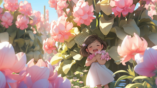抱着花朵的可爱小女孩图片