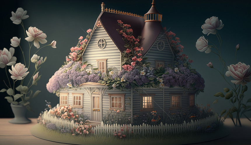 复古花朵篱笆小屋图片