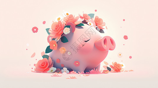 可爱猪形象头顶花环的可爱的小猪插画