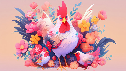 在花丛中美丽的卡通大公鸡动物高清图片素材