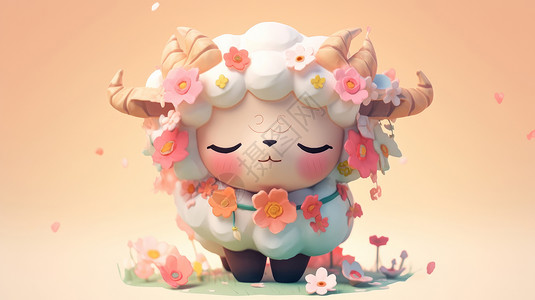 头戴花朵的可爱的小羊高清图片