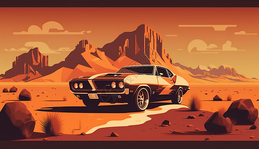 沙漠中一辆复古的汽车背景图片