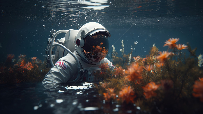 背着氧气罐在水中行走的宇航员图片