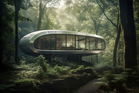 绿色建筑设计茂密森林中的智能建筑插画