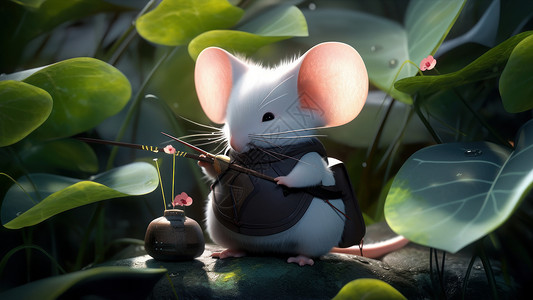 站在植物中间的一只卡通小白鼠小老鼠高清图片素材