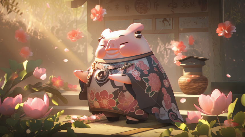 穿着传统服装站在花丛中一只卡通小胖猪图片