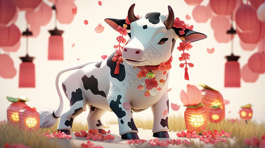 站在花丛中头戴花朵可爱的卡通奶牛艺术高清图片素材