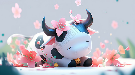 趴在花丛中可爱的卡通小奶牛背景图片