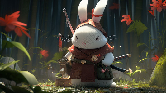 背着武器站在森林里的卡通小白兔可爱的高清图片素材