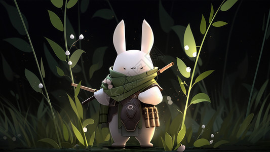 站在植物中间背着武器的卡通小白兔兔子高清图片素材