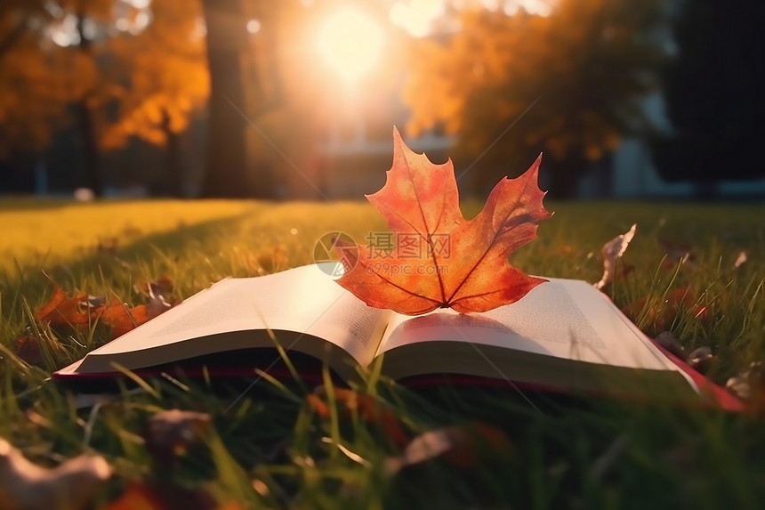 秋天草地上打开的书本枫叶图片