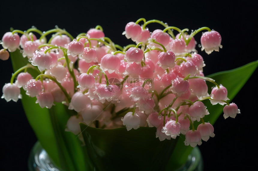 粉粉的花朵铃兰花上的水珠图片