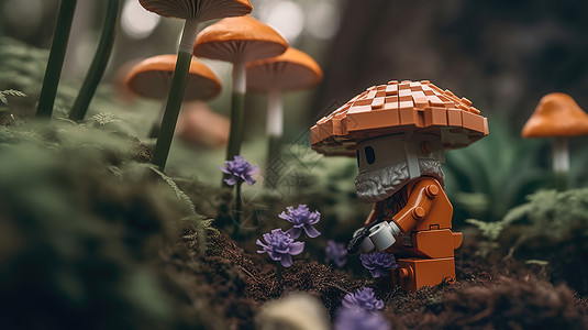 微距蘑菇积木橙色小老头插画
