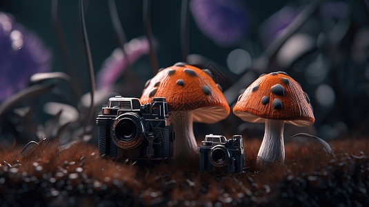 微距蘑菇蘑菇旁边的照相机插画