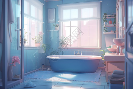 蓝色浴室浴缸动漫风格柔和背景图片