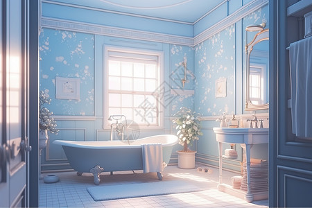 动漫风格蓝色浴室浴缸柔和背景图片