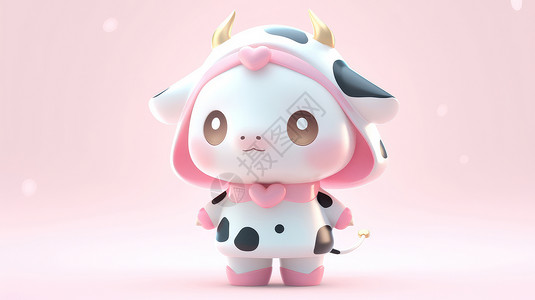 奶牛可爱玩具戴粉色帽子的卡通小奶牛IP插画