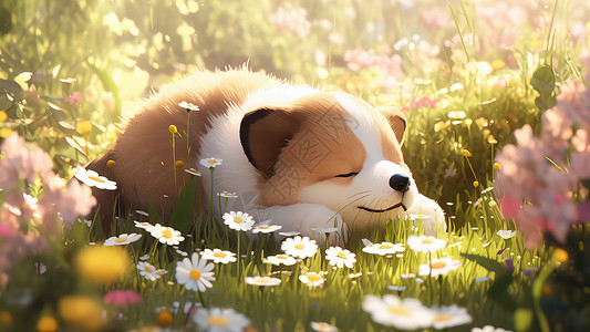 趴在花丛中睡觉的小狗图片