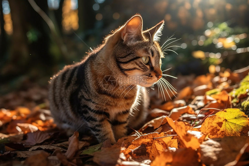 秋天落叶草地上的猫图片