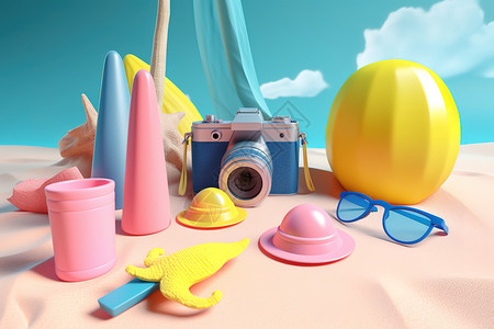 3d海边素材3D沙滩度假彩色静物插画