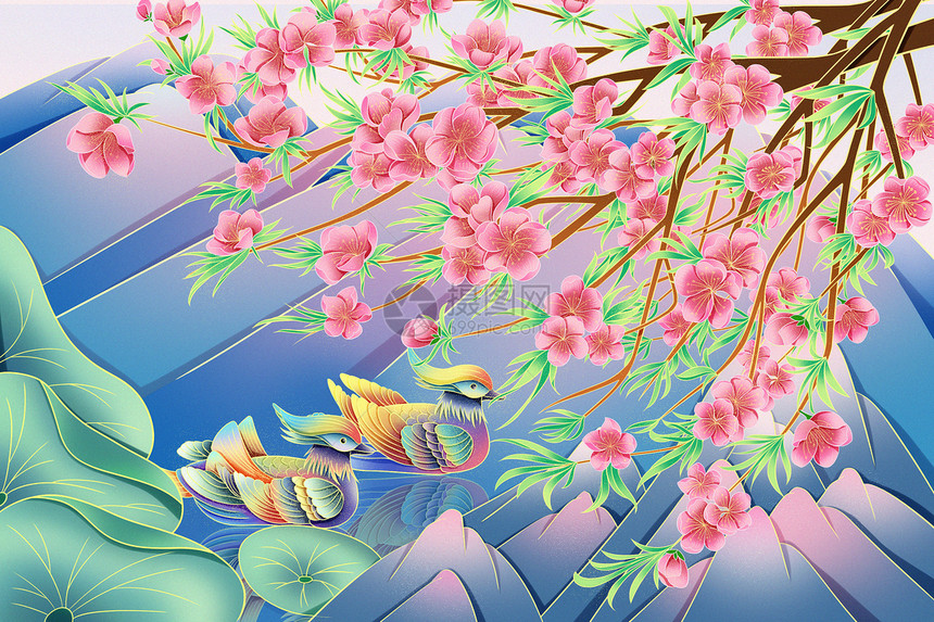 盛开的桃花树下两只嬉戏的鸳鸯图片